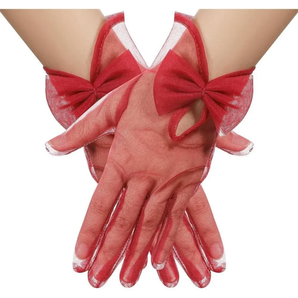 Women's Bow Burgundy Evening Tulle Short Length Gloves Wrist Tea Party Prom